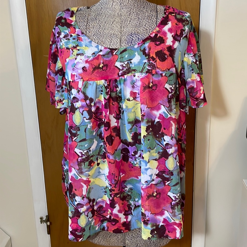 a.n.a. Womens XL Sheer Blouse Flutter Sleeve Abstract Floral Design
